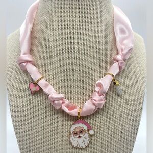 Pink Elegant Solid Satin Scarf Charm Necklace w/Gold Charms Christmas Preppy